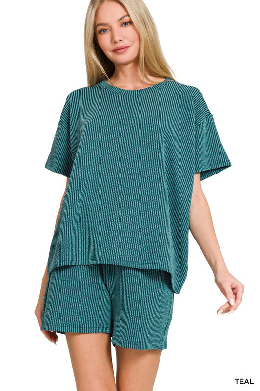 Raised Rib Short Sleeve Set - Teal