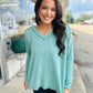 Light Jade Corded Rib Long Sleeve V-Neck Top