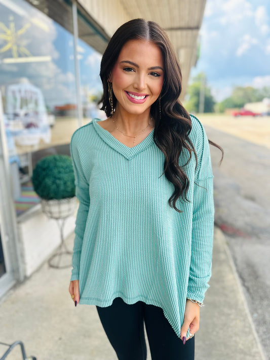 Light Jade Corded Rib Long Sleeve V-Neck Top