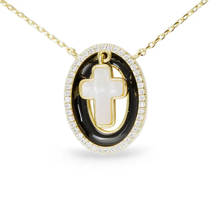 Gold and Black Framed Classical Cross Necklace