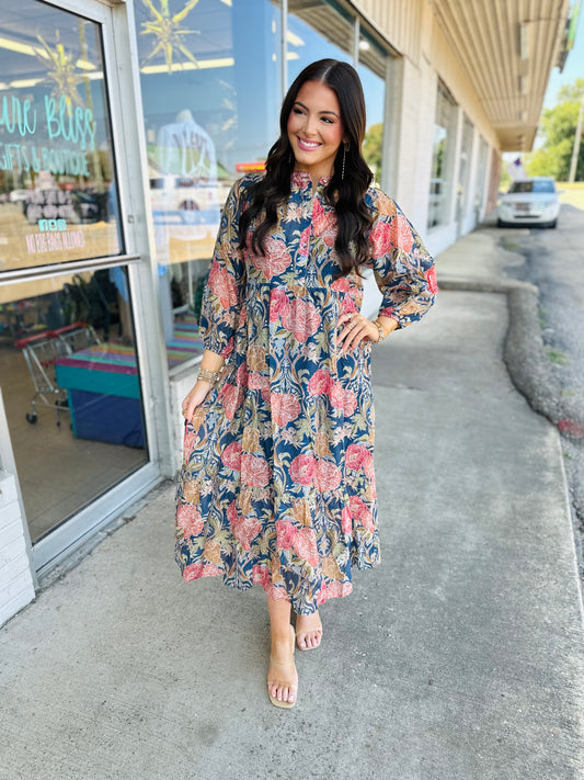 Navy Mix Floral Print Midi Dress