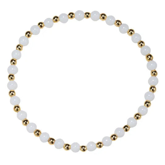 White Rounded Beaded Stretch Bracelet - Gold Beaded