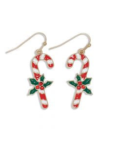 Candy Canes W Holly Earrings