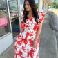 Floral Print Trimmed Ruffle Sleeve Long Dress