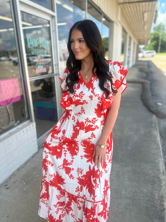 Floral Print Trimmed Ruffle Sleeve Long Dress