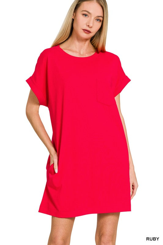 Cotton T-Shirt Dress W/ Pockets - Ruby