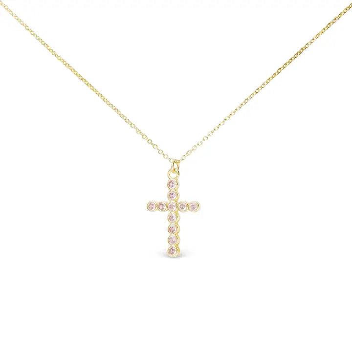 Gold Round Set Pink Cross Necklace