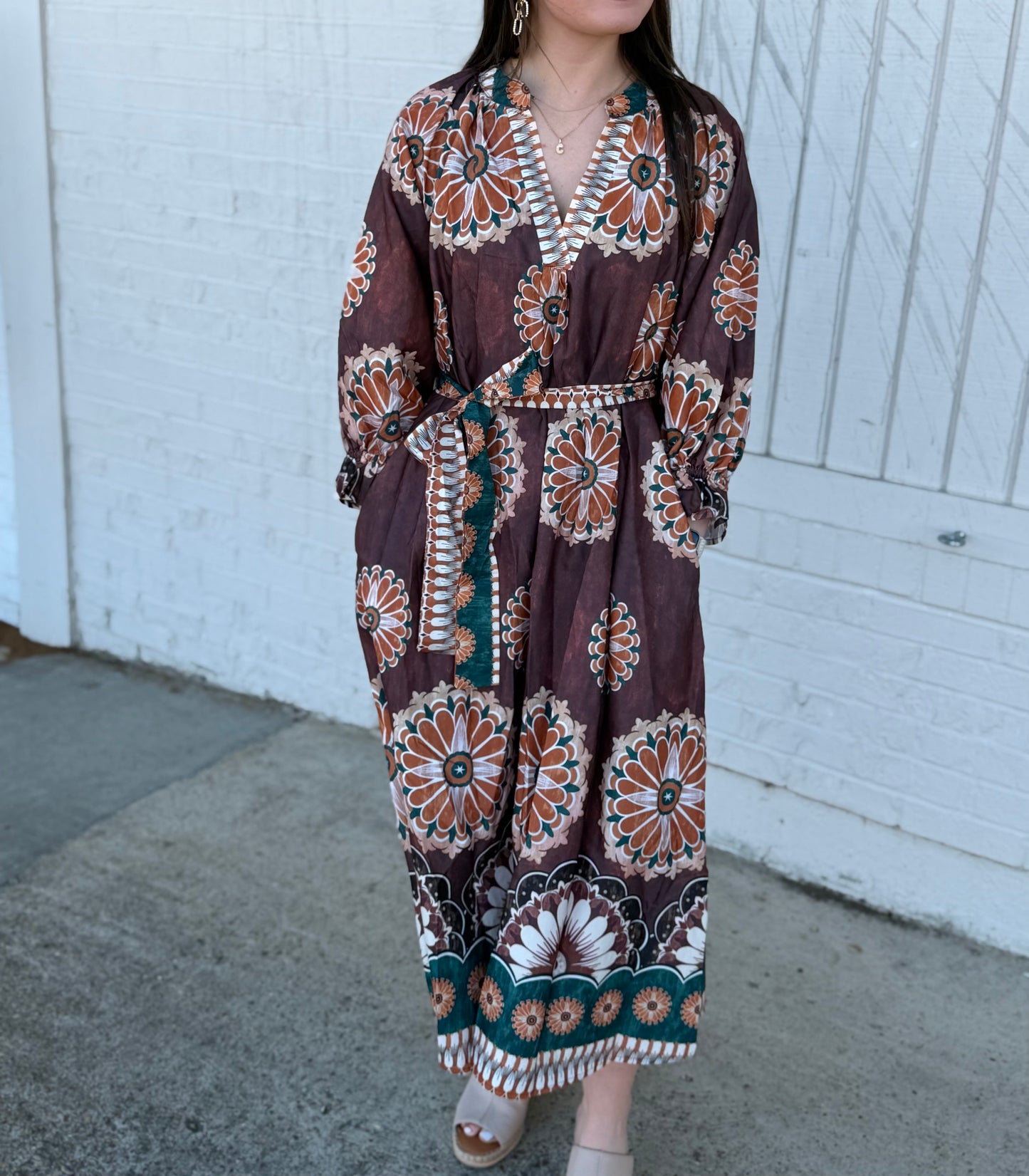 Rust Abstract Print Midi Dress