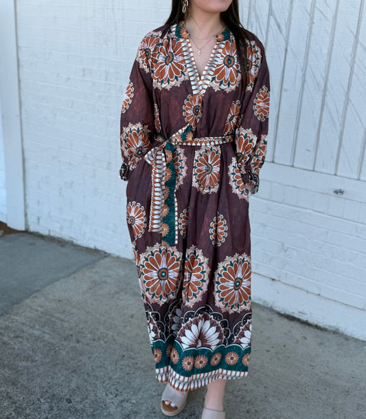 Rust Abstract Print Midi Dress