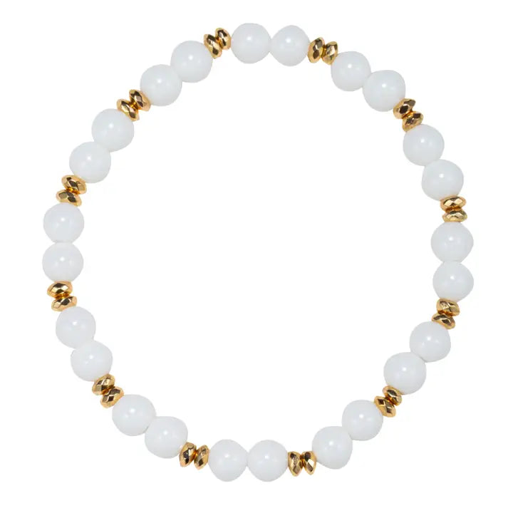 White Mid Beaded Stretch Bracelet - Gold Spacers