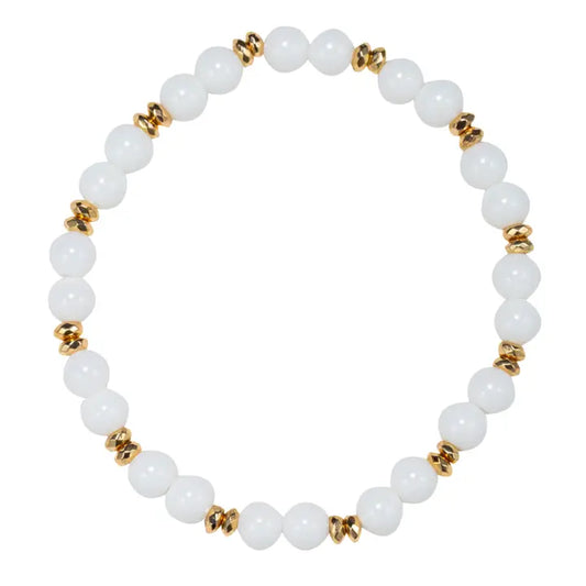 White Mid Beaded Stretch Bracelet - Gold Spacers