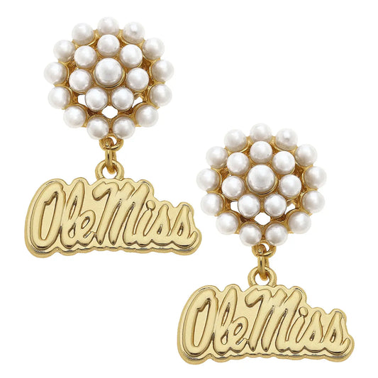 Ole Miss Rebels Pearl Cluster Gold Plated Logo Earrings
