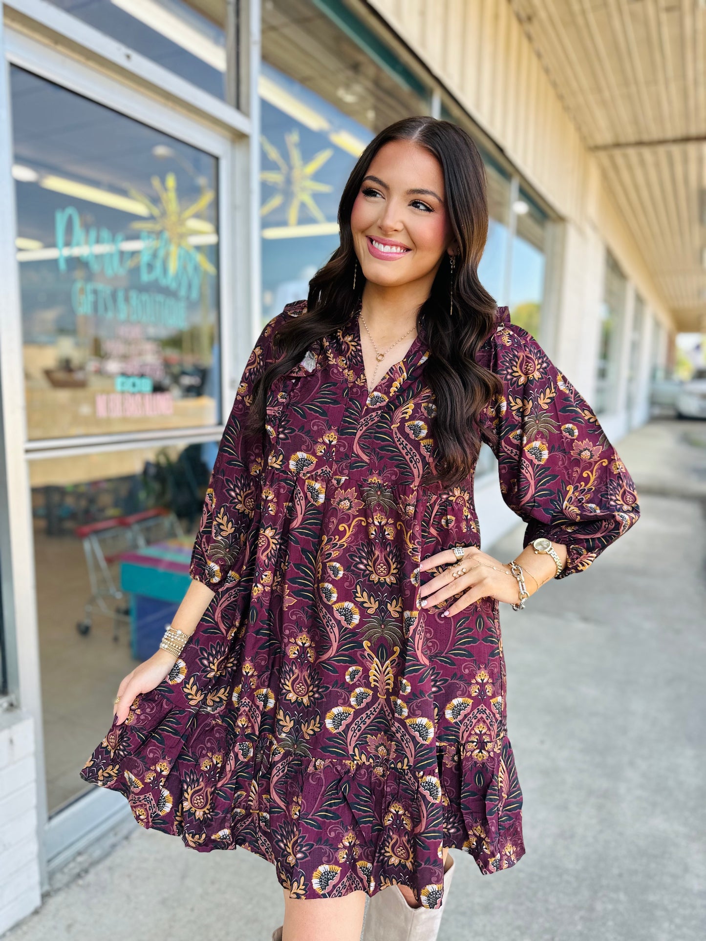 Wine Mix Floral Print Mini Dress