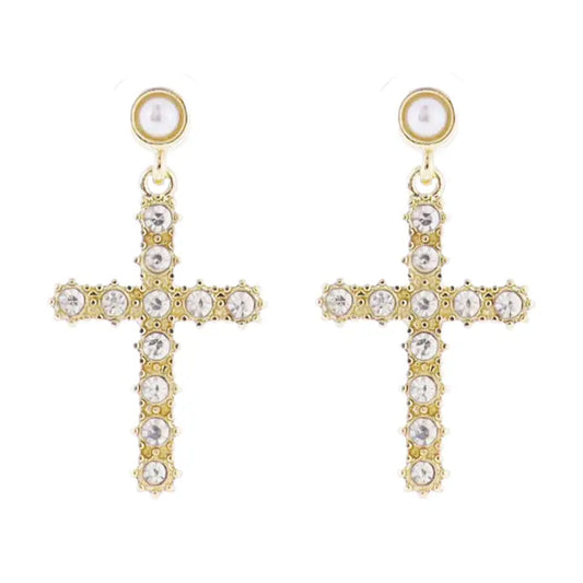 Pearl Stud W/ Gold Cross Earrings