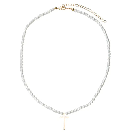 Pearl Beaded Necklace W/ Gold Cross