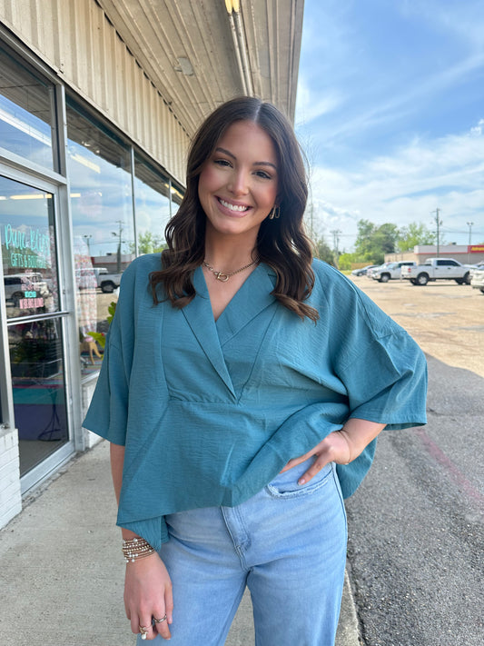 Teal Pull On V-Neck Collared Top