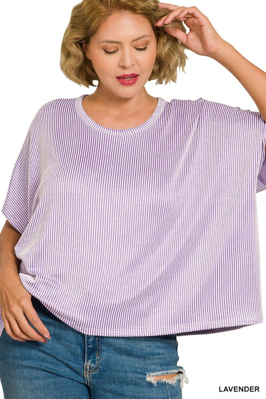 Ribbed Stripe Short Sleeve Top - Lavender +