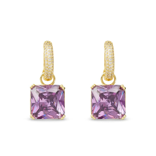 Gold Crystal Amethyst Square Earrings