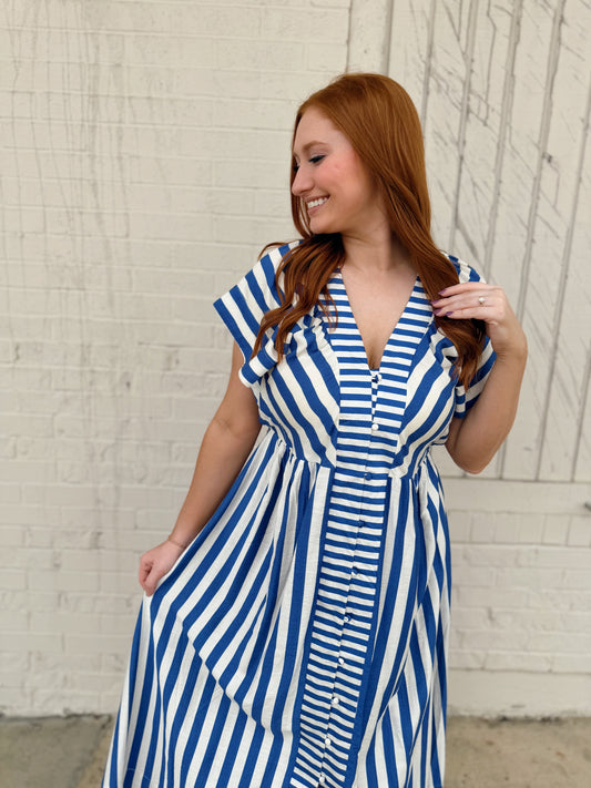 Blue Striped Midi Dress