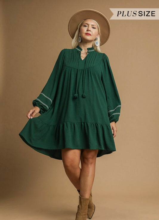 Hunter Green Pleated Smocked Midi Dress
