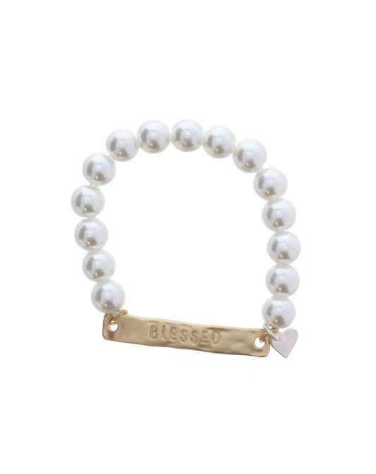 Kids Pearl Beaded Bracelet w/ Blessed Bar & Silver Heart Charm