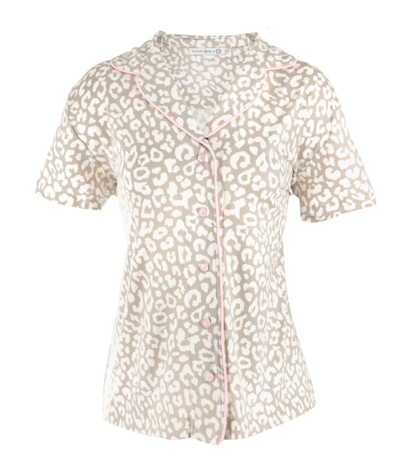 Taupe Leopard Notch Collar Pajama Top