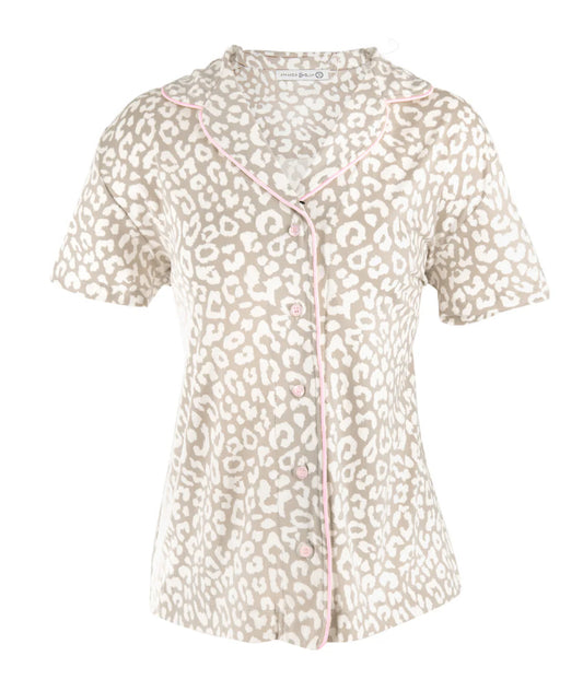 Taupe Leopard Notch Collar Pajama Top