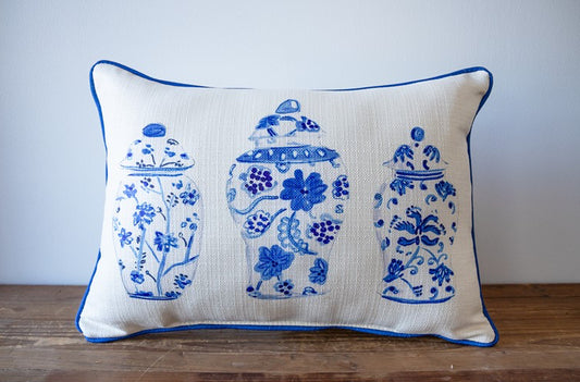 Blue and White Vases Pillow + Piping Bluejay