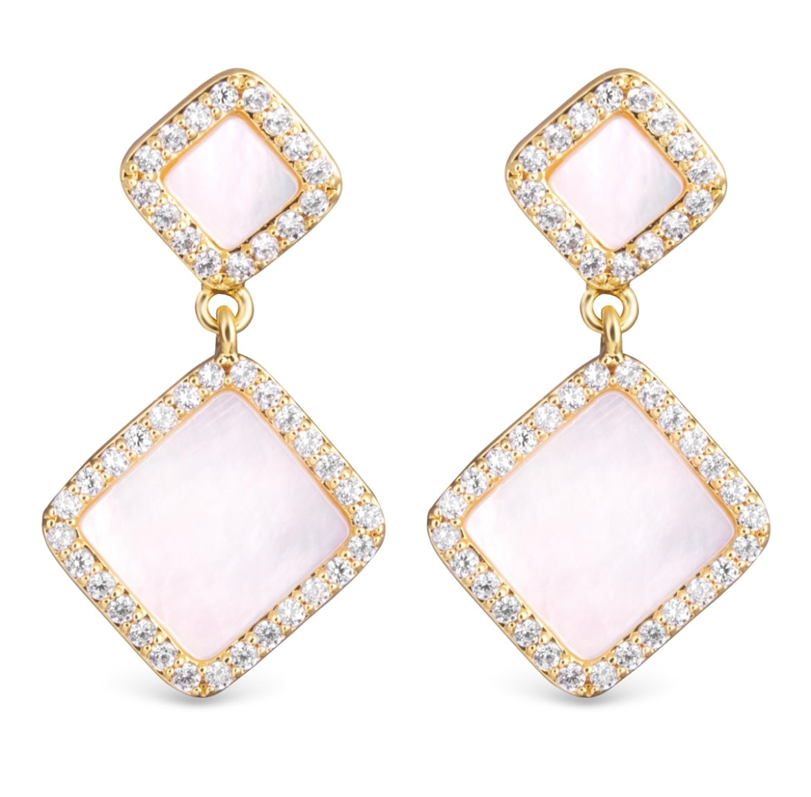 Gold Mother of Pearl and CZ Double Diamond Shaped Drop Earrings