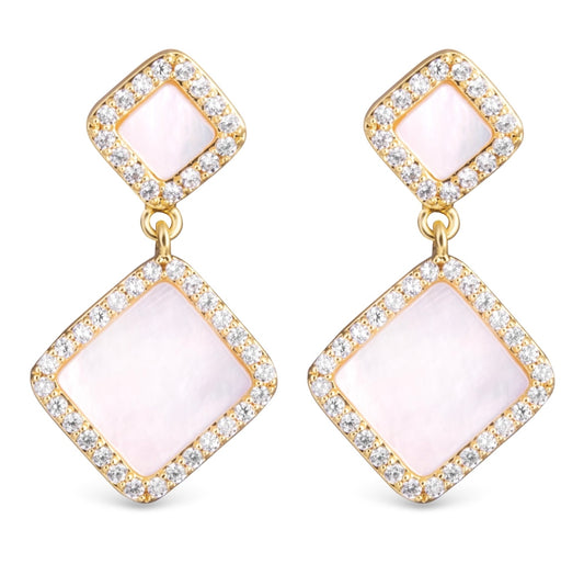 Gold Mother of Pearl and CZ Double Diamond Shaped Drop Earrings