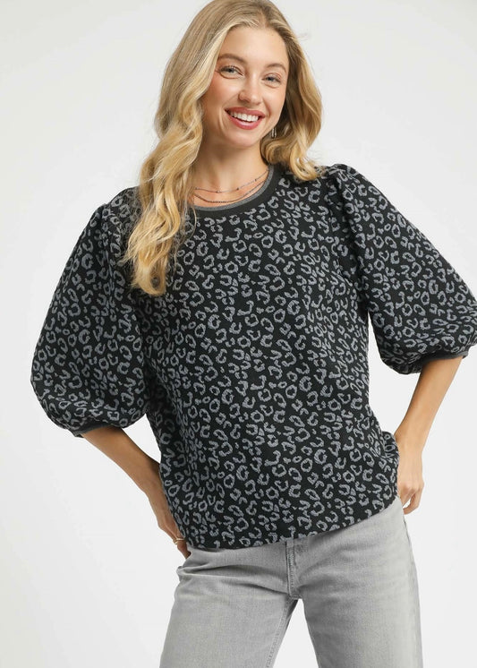 Charcoal Jacquard Puff Sleeve Top