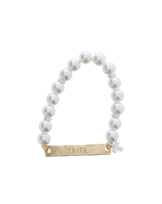 Kids Pearl Beaded Bracelet w/ Faith Bar & Silver Cross Charm