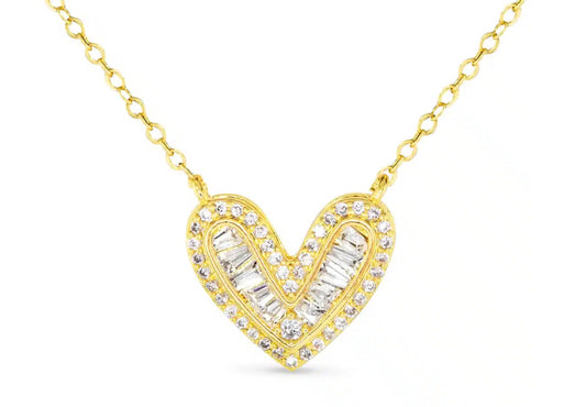 Gold Heart Necklace W/ Baguette CZ