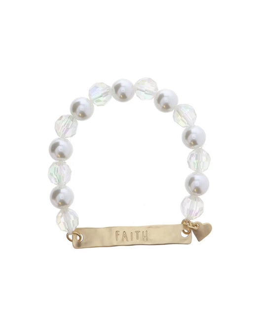 Kids Pearl & Iridescent Beaded Bracelet w/ Faith Bar & Heart Charm
