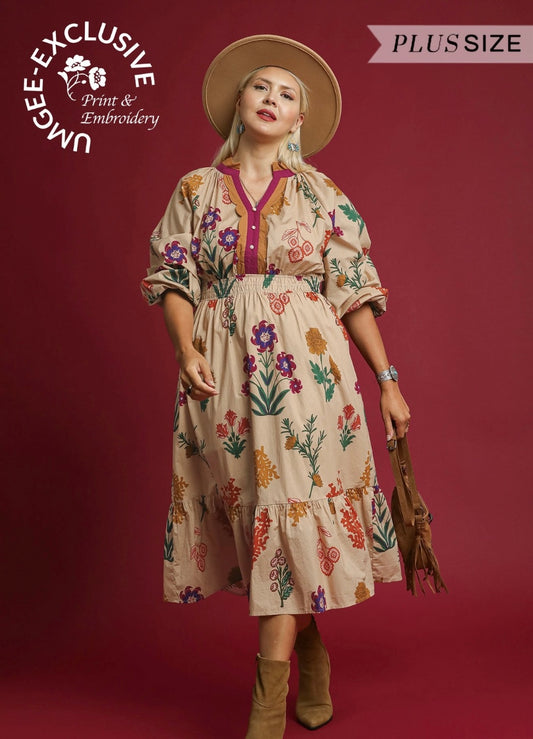 Tan Mix Floral Midi Dress