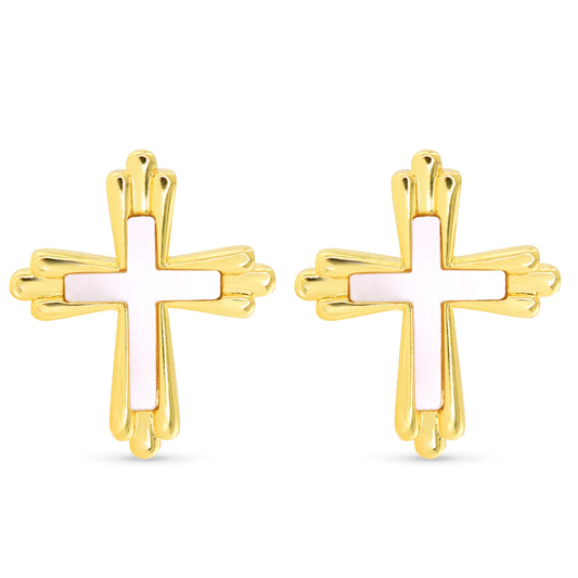 Gold MOP Inset Traditional Cross Earrings
