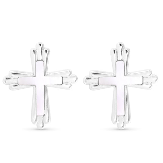 Silver MOP Inset Traditional Cross Earrings