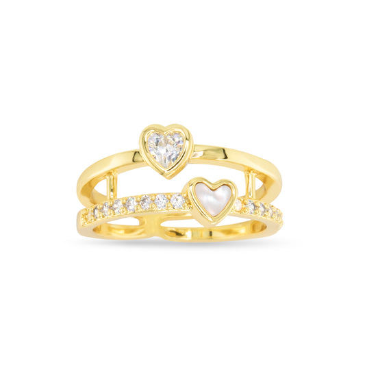 Gold CZ MOP Heart Stack Ring