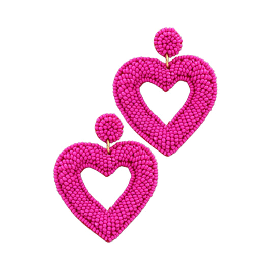 Pink Beaded Open Heart Earrings