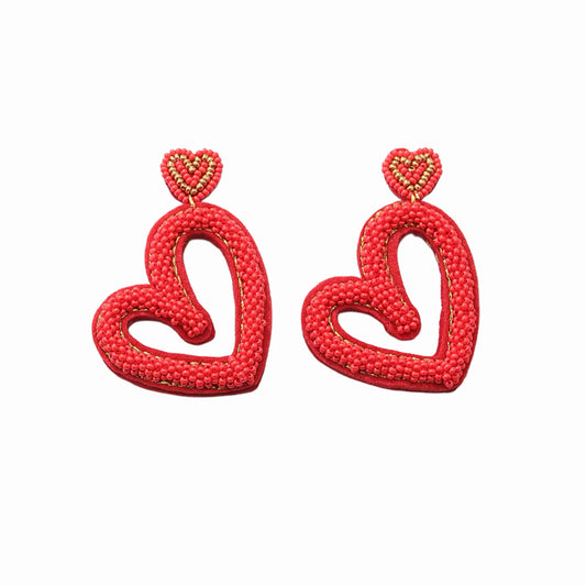 Red Beaded Open Heart Earrings