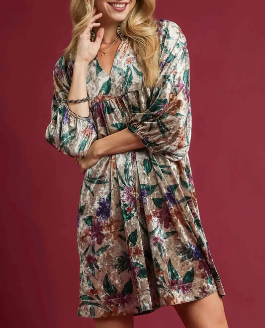Velvet Floral Print Balloon Sleeve Dress