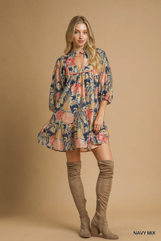Brown Mix Abstract Print Puff Sleeve Dress