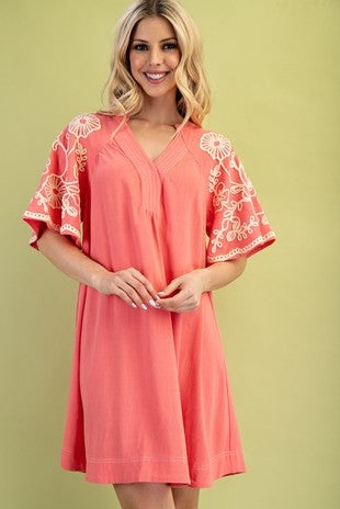 Sugar Coral Embroidered Lined Mini Dress