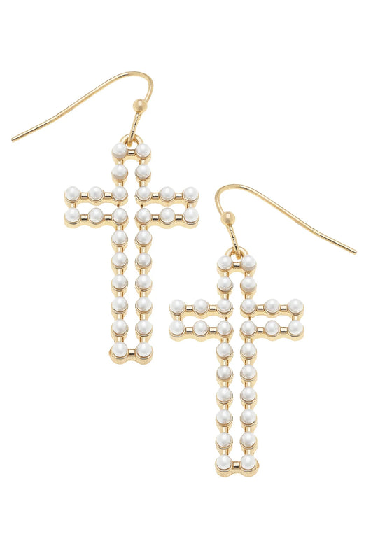 Open Pearl Cross Earrings