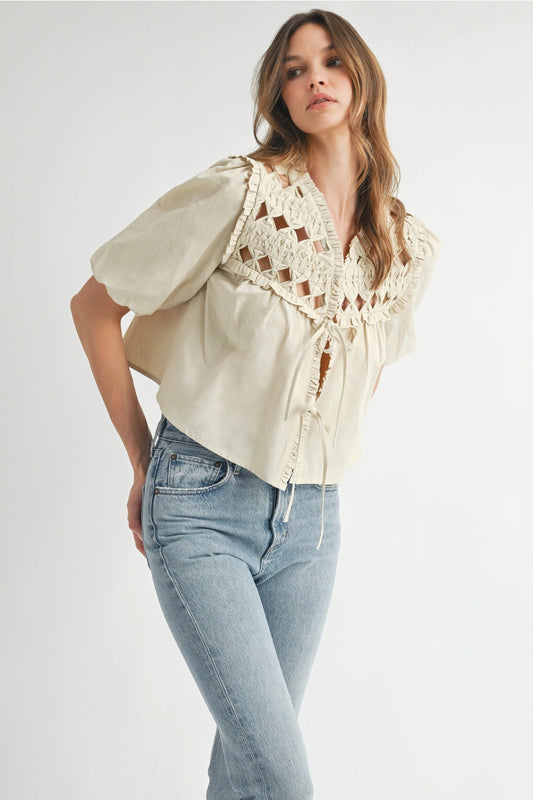 Western Boho Crochet Tie-Front Top