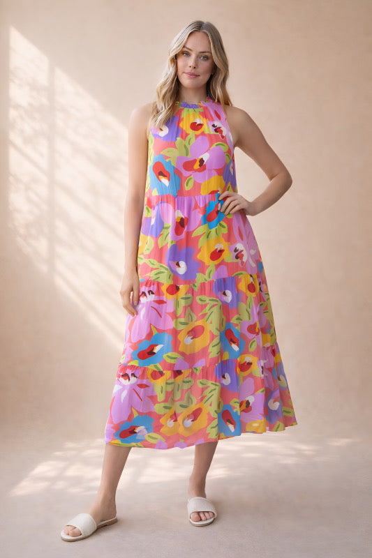 Vibrant Floral Tiered Halter Maxi Dress