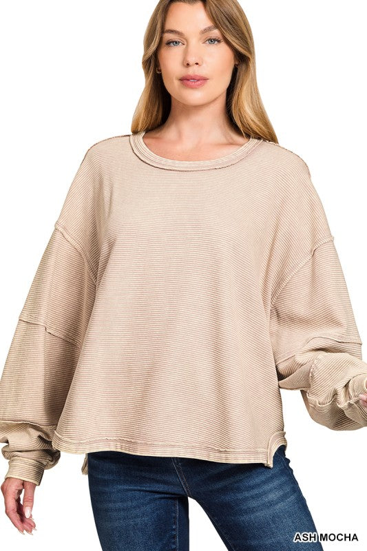 Ash Mocha Acid Washed Double Ribbed Pullover