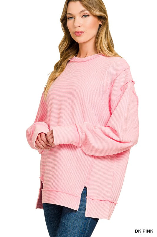 Pink Acid Washed Double Ribbed Pullover