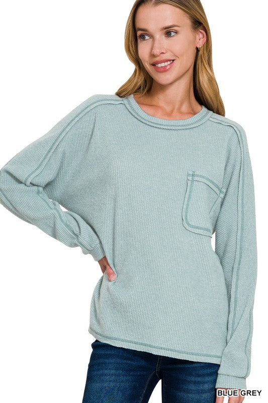 Blue Grey Brushed Ribbed Hacci Round Neck Pullover