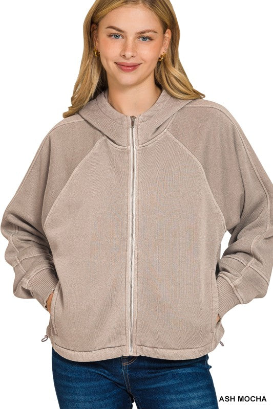 Ash Mocha Fleece Pigment Dye Zip Up Hoodie w/ Pockets